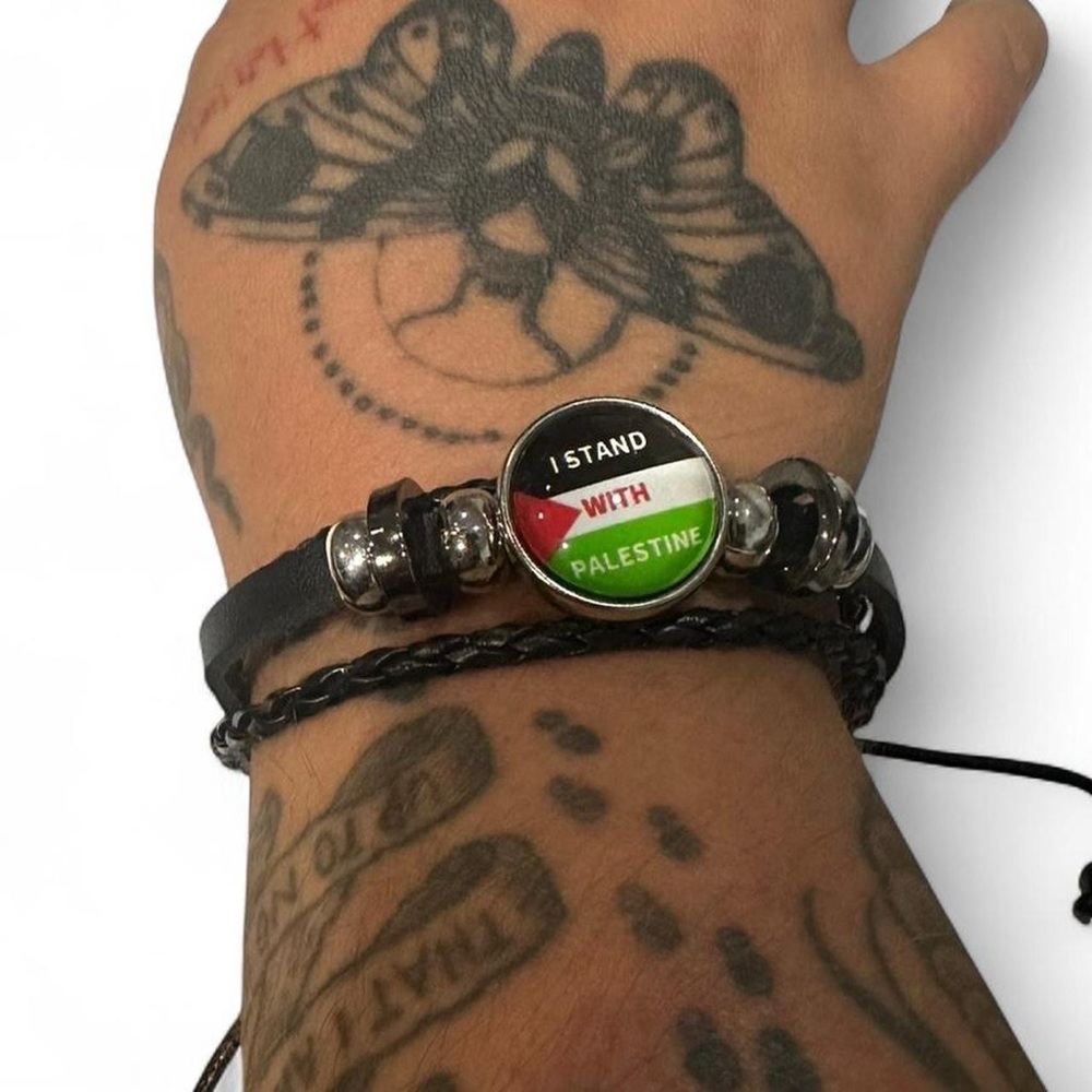 I stand with Palestine Black pleather Bracelet with adjustable cords